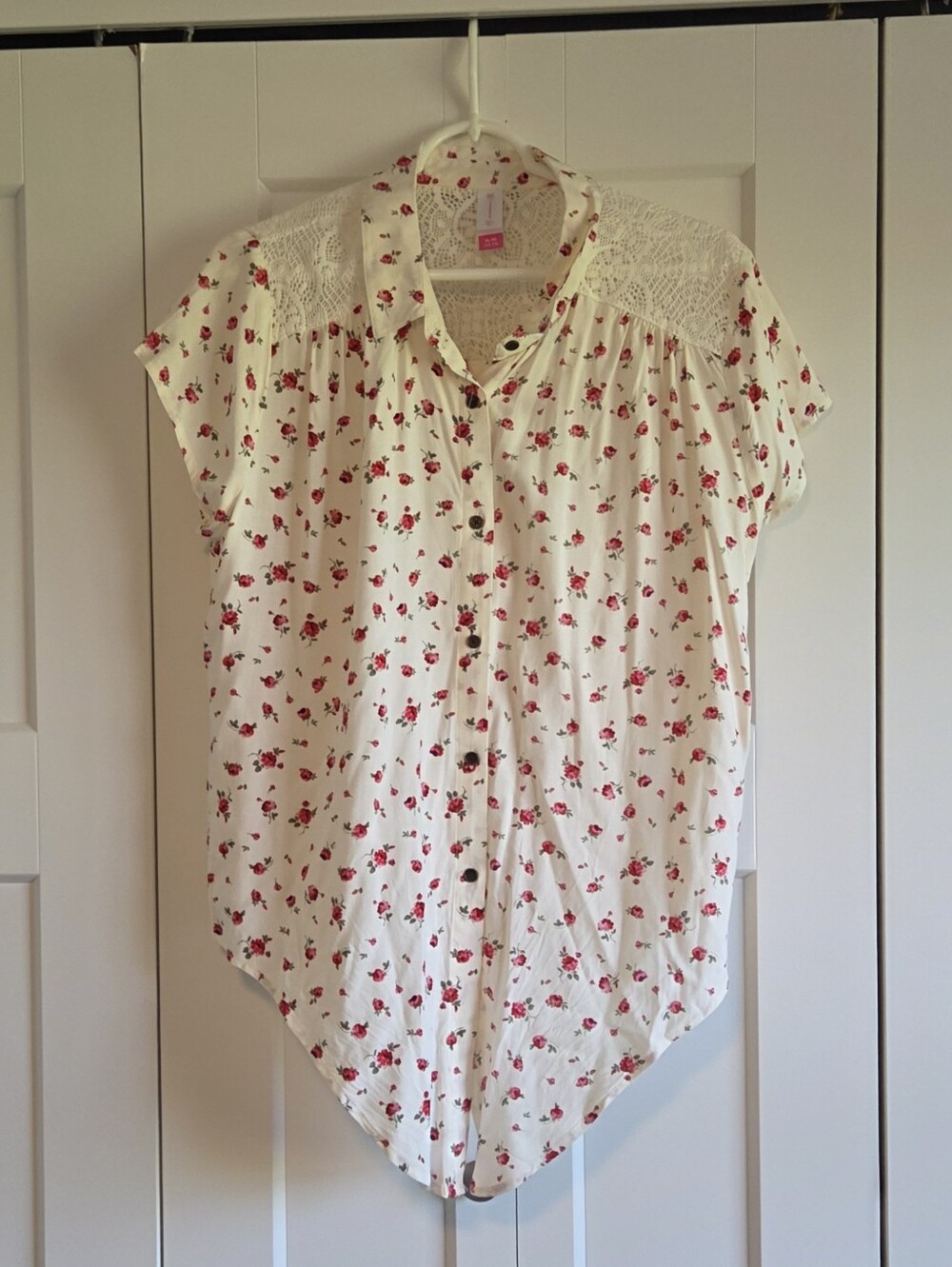 No Boundaries Cream Blouse with Red Floral And Crochet Back